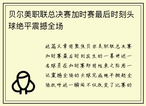 贝尔美职联总决赛加时赛最后时刻头球绝平震撼全场