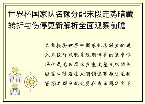 世界杯国家队名额分配末段走势暗藏转折与伤停更新解析全面观察前瞻