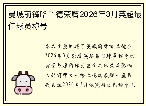 曼城前锋哈兰德荣膺2026年3月英超最佳球员称号